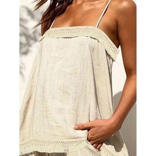 Kadın Askılı Geometrik Yaka Püskül Detay Keten Alt üst Takım