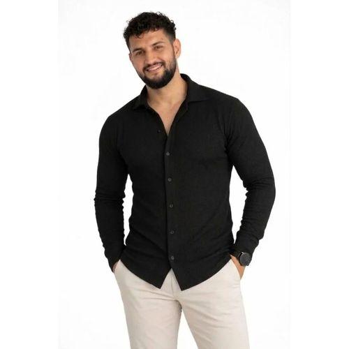 Erkek Waffle Kumaş Uzun Kollu Düğmeli Açık Yaka Regular Fit Gömlek - Siyah