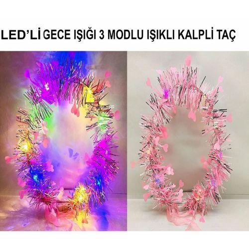 Kalp Püsküllü 3 Modlu Led Işıklı Taç Pembe Renk