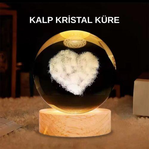 Led Işıklı Kalp Desenli Cam Küre Büyük Boy Ahşap Tabanlı