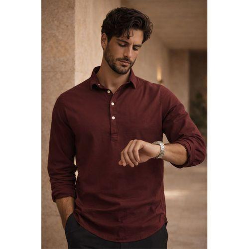 Yarım Pat Yakalı York Pamuk Kumaşlı Uzun Kollu Erkek Gömlek - Bordo