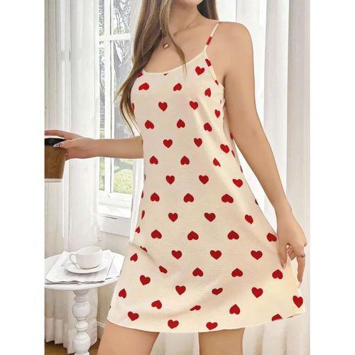 Kadın Ekru Kırmızı Kalp Desenli Askılı  Elbise 5104