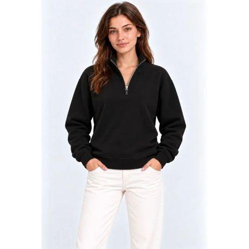 Üç İplik İçi Şardonlu Dik Yaka Yarım Fermuarlı Kışlık Sweatshirt - Siyah