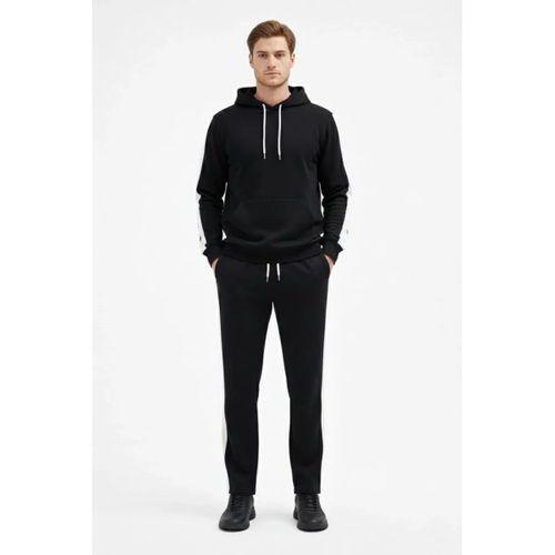 Erkek Şeritli Eşofman Takım Kapüşonlu Sweatshirt Boru Paça Alt, Oversize 3 Iplik Pamuklu - Siyah