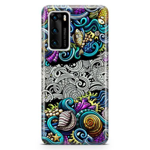 Huawei P40 Kılıf Deniz Mahsulleri Doodle Arka Kapak Koruma Desenli Full Koruyucu