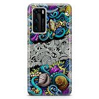 Huawei P40 Kılıf Deniz Mahsulleri Doodle Arka Kapak Koruma Desenli Full Koruyucu