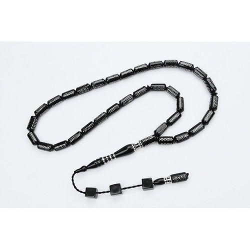 Oltu Taşı  Boru Kesim Kilim Desen İşlemeli Tespih