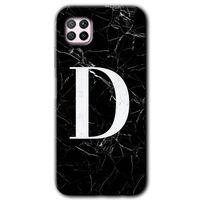 Huawei P40 Lite Kılıf Baskılı Kapak - Siyah Mermer Desenli D Harfi + 5D Tam Kaplayan Cam