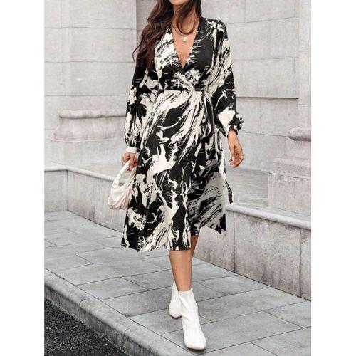 Kadın Uzun Kollu Kruvaze Yakalı Yandan Bağlamalı Desenli Mini Modal Elbise