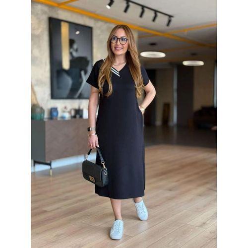 Kadın Kısa Kollu V Ribana Yakalı Yırtmaçlı Midi Viskon Iki Iplik Elbise