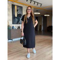 Kadın Kısa Kollu V Ribana Yakalı Yırtmaçlı Midi Viskon Iki Iplik Elbise