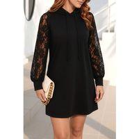 Kadın Uzun Kollu Kolları Dantel Detaylı Kapşonlu Bağcıklı Kısa Viskon Iki Iplik Elbise