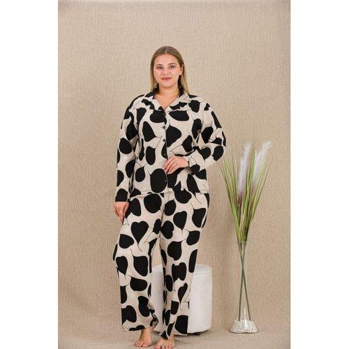 Büyük Beden Siyah Beyaz Kalp Desenli Düğmeli Uzun Kol Viskon Pijama Takımı