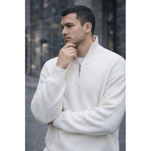 Nolan Oversize Selanik Örgü Yarım Fermuar Erkek Triko Kazak - Ekru
