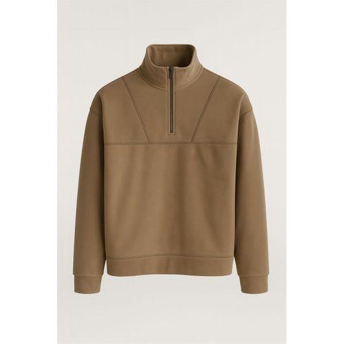 Crowe Çizgi Şeritli Oversize Yarım Fermuar Polar Erkek Sweatshirt - Bej