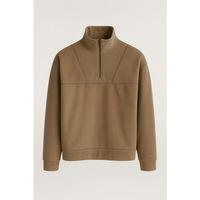 Crowe Çizgi Şeritli Oversize Yarım Fermuar Polar Erkek Sweatshirt - Bej