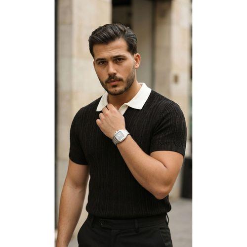 Erkek Desenli Kısa Kollu Triko Tişört - %100 Pamuk Akrilik