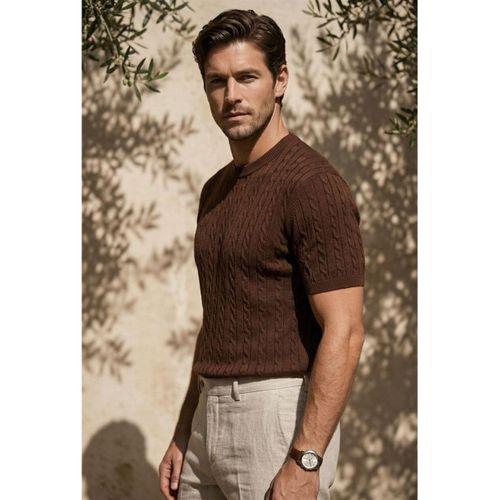 Walsh Saç Örgü Desenli Bisiklet Yaka İnce Triko Erkek T-Shirt - Kahve