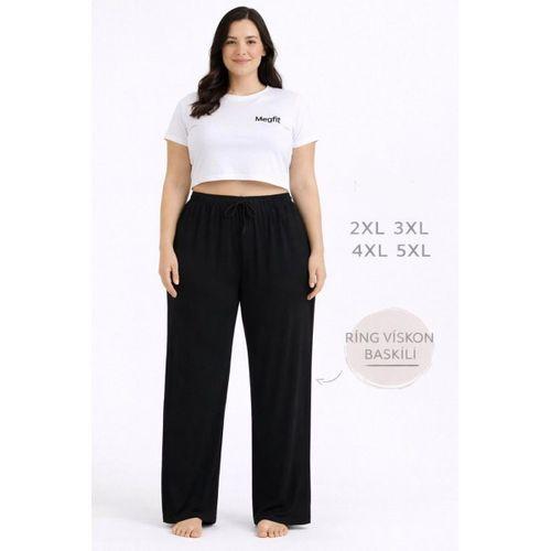 Viskon Pamuklu Kadın Büyük Beden Siyah Pijama Pantolon - Brf002 -