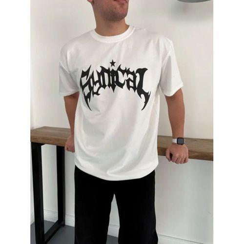 Erkek Bisiklet Yaka Ön Baskılı Kısa Kollu Tişört Streetwear Günlük Basic Pamuklu T-shirt - Beyaz