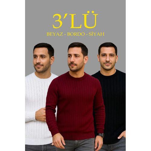 Erkek Fitilli Triko Kazak 3lü Set Beyaz Bordo Siyah Regular Fit Bisiklet Yaka Triko Seti