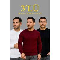 Erkek Fitilli Triko Kazak 3lü Set Beyaz Bordo Siyah Regular Fit Bisiklet Yaka Triko Seti