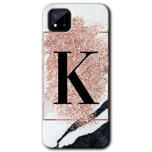 Realme C11 Kılıf HD Desen Baskılı Arka Kapak - Pembe Mermer Desenli K Harfi + Kırılmaz Cam