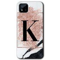 Realme C11 Kılıf HD Desen Baskılı Arka Kapak - Pembe Mermer Desenli K Harfi + Kırılmaz Cam