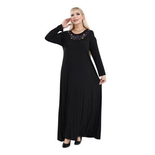 Melsay Butik Yakası Taş Detaylı Uzun Kollu Siyah Uzun Elbise