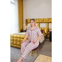 Büyük Beden Şık Tasarım Pembe Siyah Çizgili Düğmeli Kısa Kol Lüx Saten Pijama Takımı