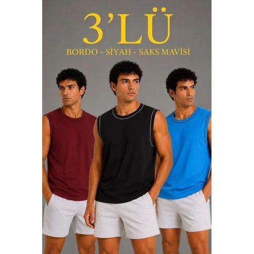 Erkek 3’lü Kolsuz Sporcu Atlet Seti Yazlık Bisiklet Yaka - Siyah, Bordo, Turkuaz