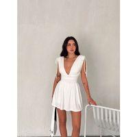 Derin V Yaka Etek Görünümlü Şortlu Elbise Drapeli Mini Yazlık - Beyaz