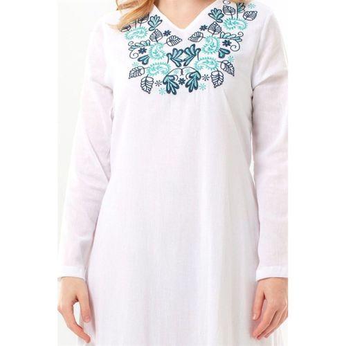 Uzun Kol Venedik Nakışlı Şile Bezi Otantik Uzun Elbise Beyaz Byz