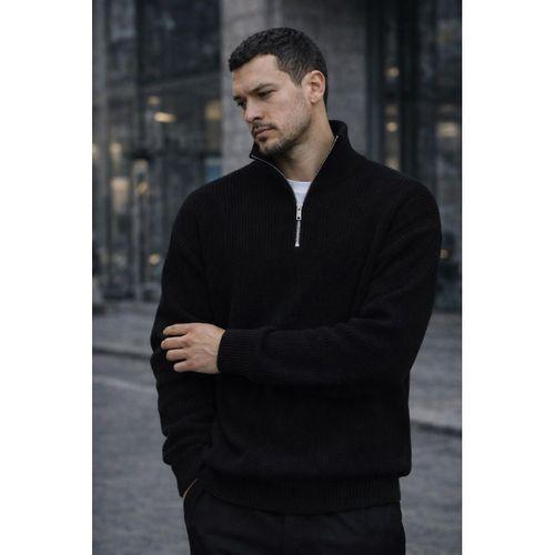 Nolan Oversize Selanik Örgü Yarım Fermuar Erkek Triko Kazak - Siyah