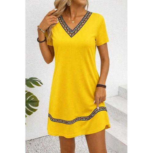 Kadın Kısa Kollu V Yakalı Etnik Desen şerit Detaylı Viskon Elbise