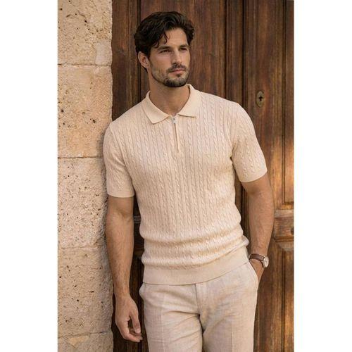 Burke Saç Örgü Yarım Fermuarlı Kısa Kollu İnce Triko Erkek T-Shirt - Bej