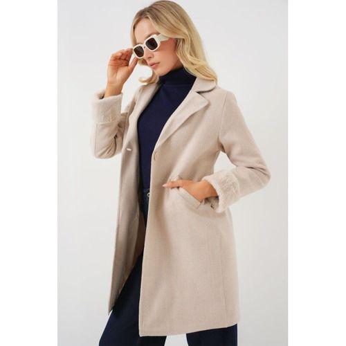 9145 Kolları Tüylü Balık Sırtı Kaşe Kaban - Krem