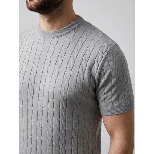 Erkek Yazlık Triko Dokuma Tişört Kısa Kol Bisiklet Yaka Örgü Desenli T-Shirt - Gri