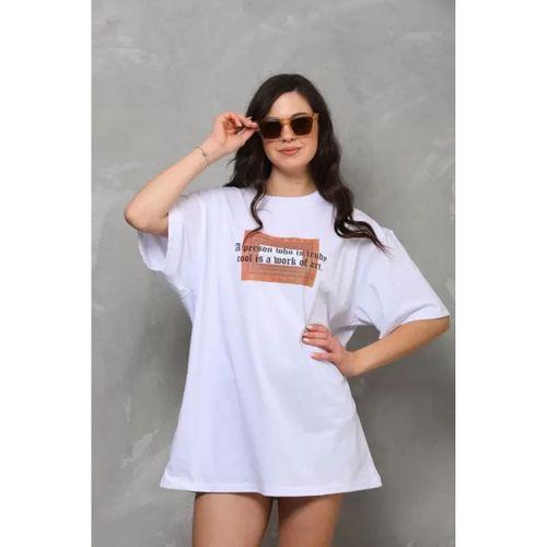 Pilelistore Unisex Bisiklet Yaka Baskılı Oversize T-Shirt - Beyaz