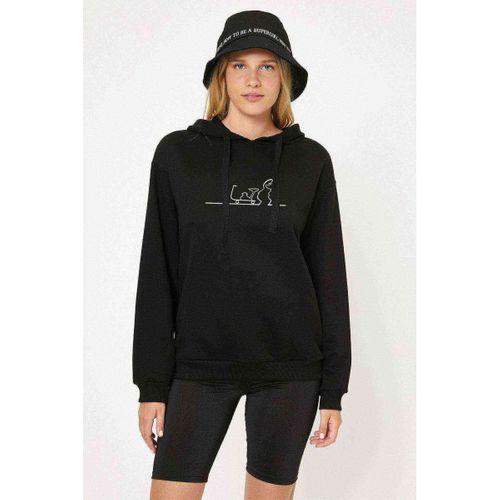 Meraklı Pen Baskılı Siyah Kadın Kapşonlu Sweatshirt