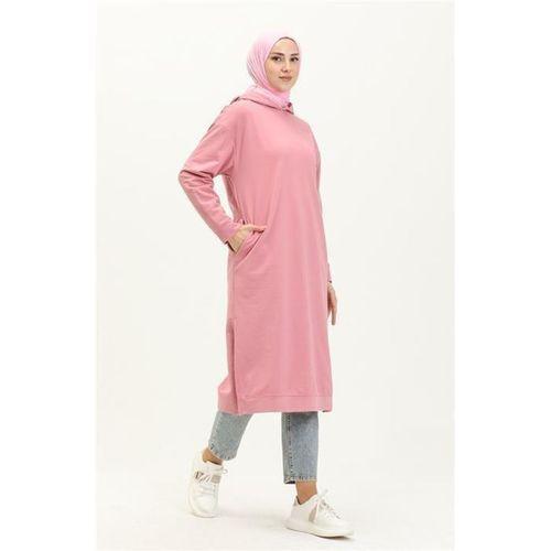 Atlas Kapşonlu Uzun Sade Basic Sweatshirt - 03007.014 - Pembe