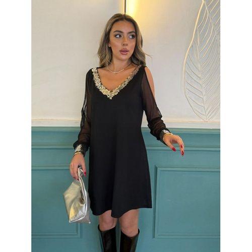 Kadın Uzun Kollu V Yaka Kollar Tül Yırtmaç Detay Kol Manşetleri Ve Yaka Payet Krep Elbise