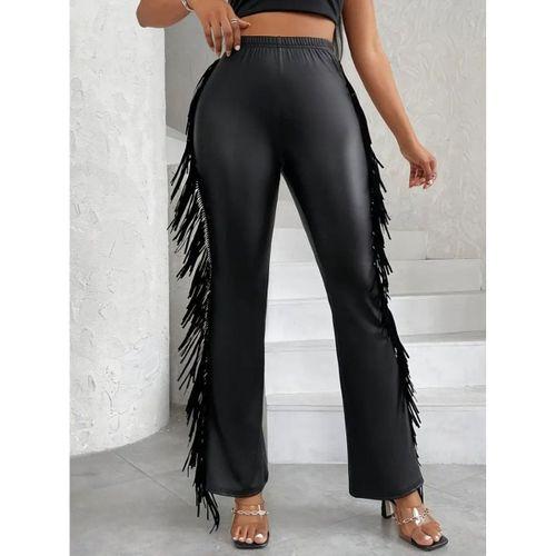 Kadın Yüksek Bel Yanlardan Püsküllü Deri Pantolon