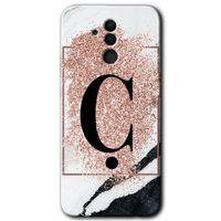 MRCİLETİSİM Huawei Mate 20 Lite Kılıf Baskılı Kapak - Pembe Mermer Desenli Ç Harfi +Tam Ekran Koruyucu