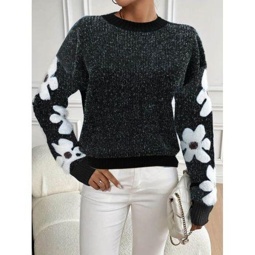 Kadın Uzun Kollu Bisiklet Yaka çiçek Desenli Triko Bluz