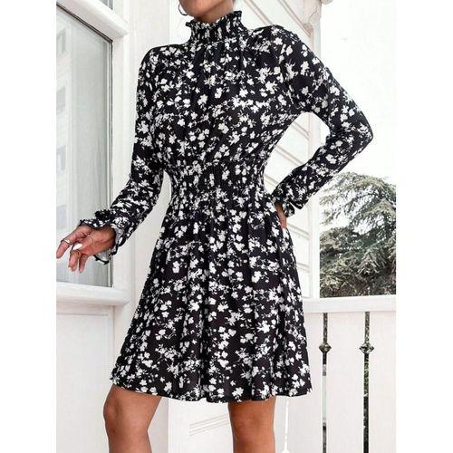 Kadın Uzun Kollu Balıkçı Yaka çiçek Baskılı Helen Kumaş Elbise