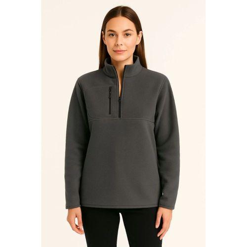 Polar Kazak – Dik Yaka, Yarım Fermuarlı, Fermuarlı Göğüs Cepli, Siyah Biyeli, Kışlık Rahat Regular Fit Günlük Model - Füme