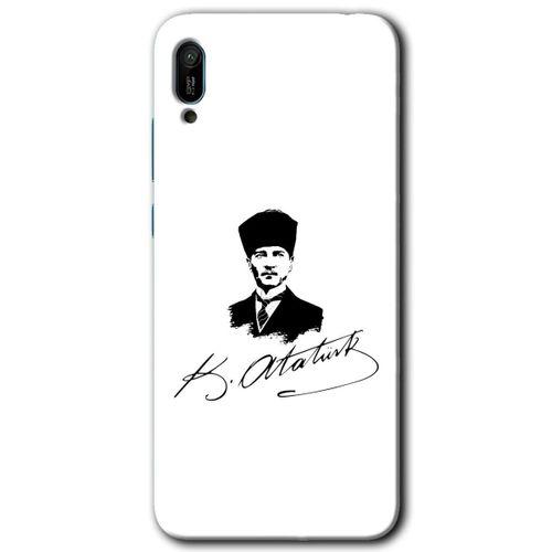 Huawei Y6 2019 Kılıf Baskılı Kapak - Kemal Atatürk İmza + 5D Tam Kaplayan Cam