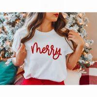 Yılbaşı Merry Christmas Baskılı Kısa Kollu Oversize Bisiklet Yaka T-shirt - Beyaz