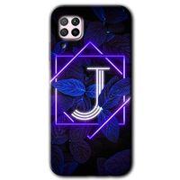 MRCİLETİSİM Huawei P40 Lite Kılıf Baskılı Kapak - Dark Neon Yaprak J Harfi + 5D Tam Kaplayan Cam